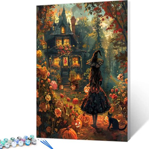 Tucocoo Halloween Castle Witch Paint by Numbers for Adults Day of The Dead Witch Girl Painting Kits for Adults Acrylic Painting Paint by Numbers Kits on Canvas Home Wall Decor16x20Inch Frameless