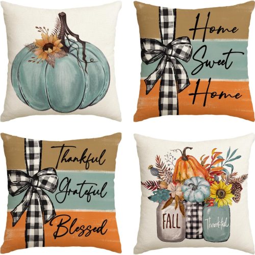AVOIN colorlife Fall Pumpkin Home Sweet Home Throw Pillow Covers, 20 x 20 Inch Autumn Thankful Grateful Blessed Harvest Floral Decorations for Sofa Couch Set of 4, Blue