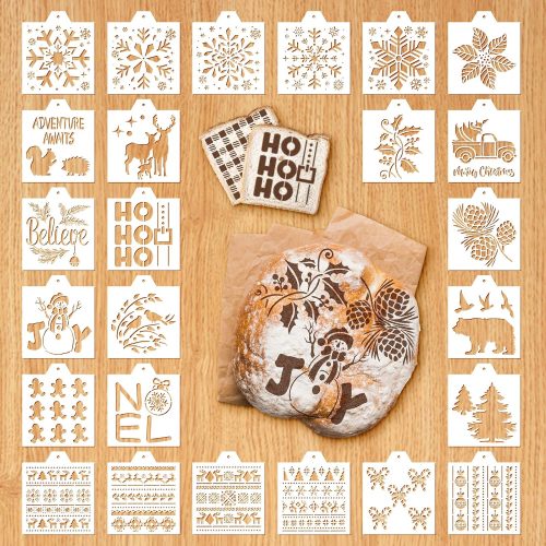 CT17344CT_1 Whaline 25Pcs Christmas Bread Stencils Assorted Xmas Baking Airbrush Painting Stencils with Bead Chain Biscuit Cake Baking Templates for Winter Party DIY Craft, 6.7 x 5.9 Inch