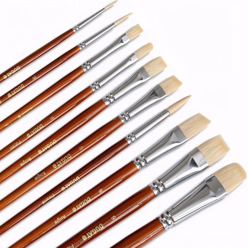 DUGATO Short Handle Artist Paint Brush Set, 10-Piece Hog Hair Bristle