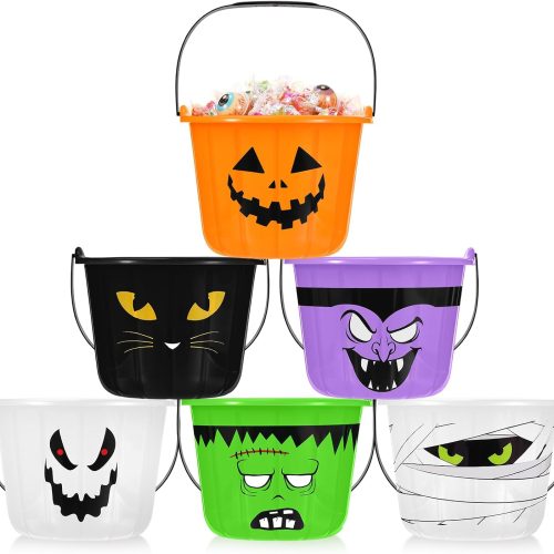 Qilery 6 Pcs Halloween Plastic Pumpkin Buckets with Handle, Multicolor