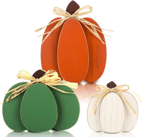 3 Pcs Fall Pumpkin Decor, 3D Wooden Pumpkin Tabletop Decor