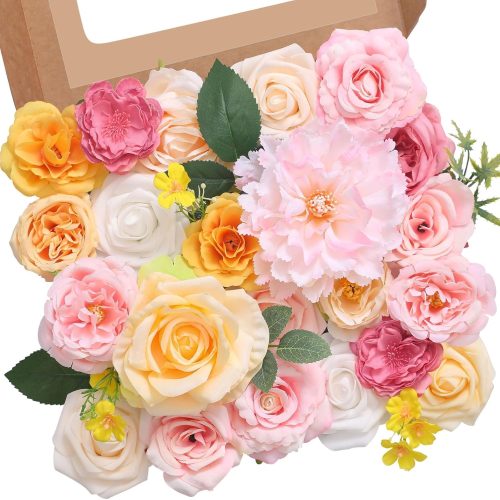 Serwalin Pink Yellow Artificial Flowers Silk Fake Flowers for Wedding Decor