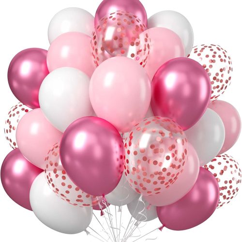 60PCS Pink and White Balloons, 12Inch Baby Light Pink White Party Balloon Set with Metallic Red Balloons, Rose Gold Confetti Helium Latex Balloons for Girls Birthday Baby Shower Wedding Decorations
