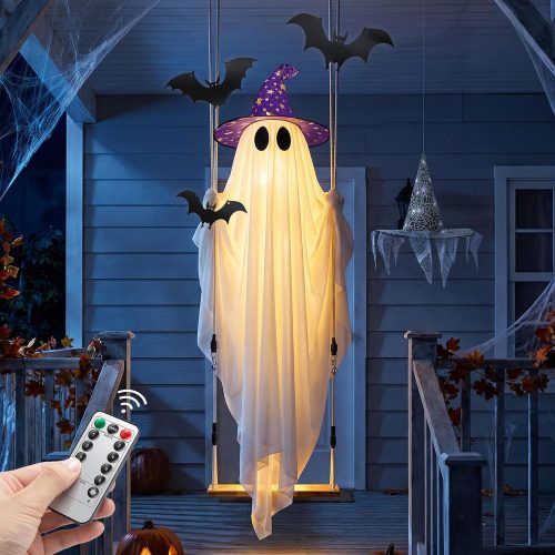 CT23PRT32CT_1 Halloween Ghost Decor with Bat & Hat - 11 FT Large Hanging Swinging Ghost
