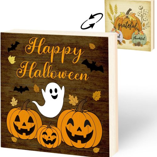 Halloween Decorations, Reversible Wooden Halloween Thanksgiving Table Sign