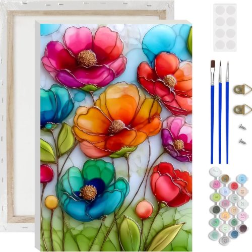 Lxmsja Poppies Paint by Numbers Kit for Adults, Stained Glass Floral Acrylic Paint by Numbers for Adults Beginner, DIY Craft Supplies Oil Painting Kits for Home Wall Decor 8x12 inch (Framed)