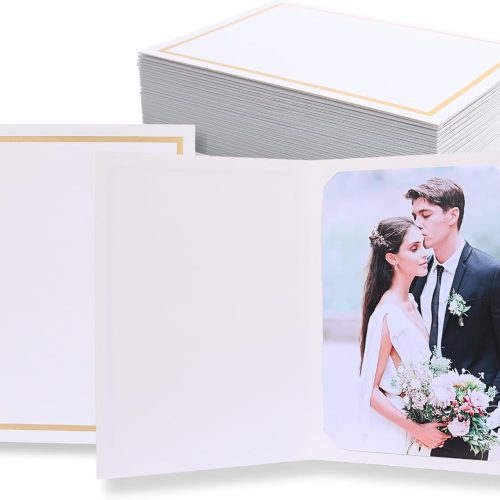 50 Count Photo Folders for 4x6 or 5x7 Pictures,Paper Picture Frames,Cardboard Greeting Photo Frame Cards for Graduation Wedding Birthday Classroom DIY (White with Gold Trim)