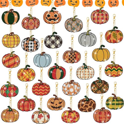 WILLBOND 30 Pcs Halloween Pumpkin Diamond Art Keychains Kits for Beginner