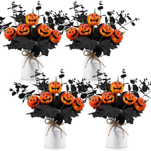 Thiccywoov 4 Sets Halloween Table Centerpiece Decorations Artificial Black Pumpkins Eucalyptus with Metal Vase Faux Pumpkins Plants in Pots for Halloween Trick or Treat Party Home Dining Table Decor