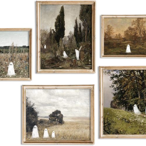 JarThenaAMCS 5pcs Halloween Wall Art Prints Vintage Ghostly Wall Decor Cute Ghost in Nature Art Poster for Gallery, Home, Living Room, Bedroom Decor (UNFRAMED)
