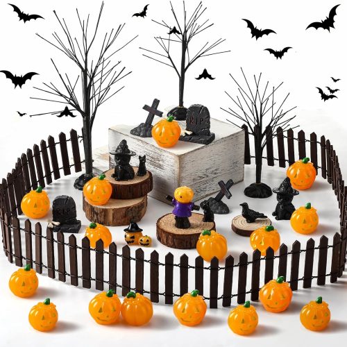 Wesiti 30 Pcs Halloween Village Accessories, Miniature Trees Pumpkins Cats