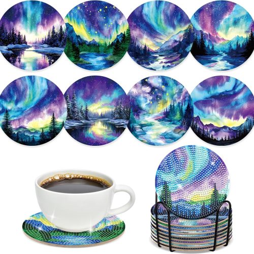 Sitsink Northern Lights Diamond Painting Coasters - 8 Pcs DIY Northern Lights Diamond Art Coaster Landscape Themed Art Craft Kit for Adult Beginners Craft Gifts Home Decors