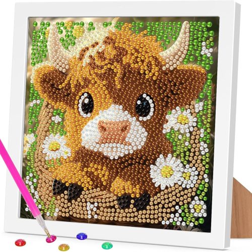 Miwixy Highland Cow Diamond Art Kits with Frame,Cute Animals Diamond Painting Kits,5D Full Drill Diamond Dots Paintings Easy Gem Art Kit with Beautiful Package for Home Decor Ornaments 7.1 x 7.1 Inch