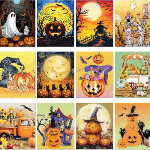 Sherr 12 Pcs Halloween Pre Drawn Canvas for Adults, 8 x 10 Inch