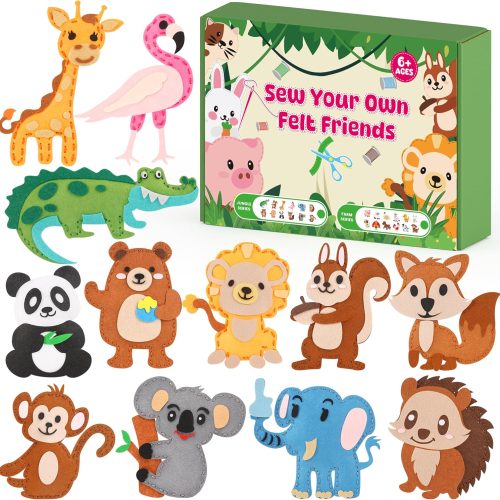 Sewing Kit for Kids Ages 6+, Make 12 Felt Jungle Animals DIY Craft Set