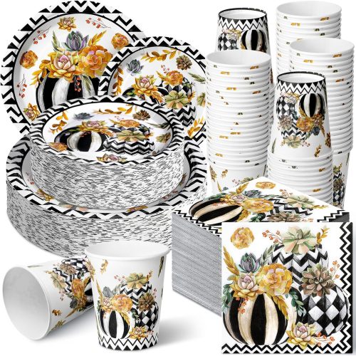 Hsei 250 Pcs Black White Pumpkin Plates Napkins, Fall Party Set for 50