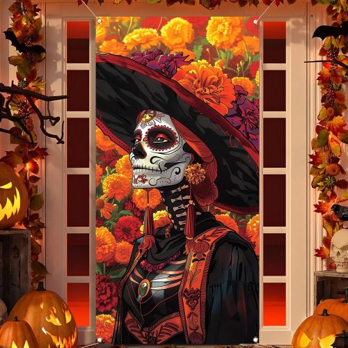 Pudodo Día De Los Muertos Door Cover Day of The Dead Decoration Mexican Sugar Skull Front Door Porch Banner Photography Decor