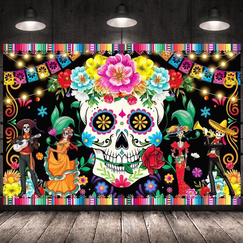 DPKOW Day of The Dead Backdrop Banner, Extra Large Dia De Los Muertos Banner Skull Mexican Photo Background Party Decorations for Halloween Day of The Dead Decorations, 70.8×43.3inch