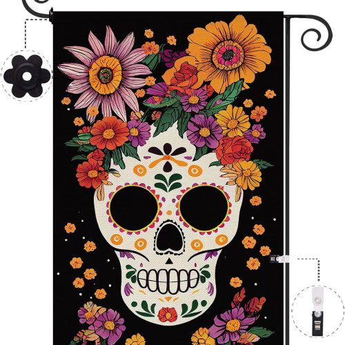 Baccessor Day of the Dead Garden Flag Floral Skull mini 12.5 x 18 Inch Double Sided Burlap Mexican Dia De Los Muertos Yard Flag Holiday Seasonal Outdoor Outside Decoration