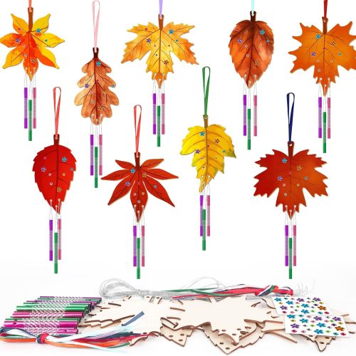Sealmic Wooden Fall Wind Chime Kit Make Your Own Maple Leaf DIY Wind Chime Kit Coloring Fall Craft for Hanging Ornaments Thanksgiving Autumn Halloween Party Craft 9 Pack