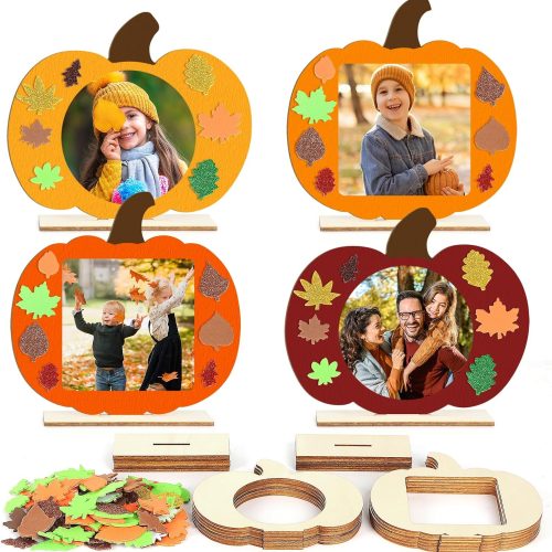 CT6632CT_1 Wooden Pumpkin Photo Frame Fall Picture Frame Craft Kits for Kids Maple Leaf Stickers DIY Blank Unfinished Pumpkin Halloween Thanksgiving Harvest Decoration Cutouts Activity Gift 12 Packs