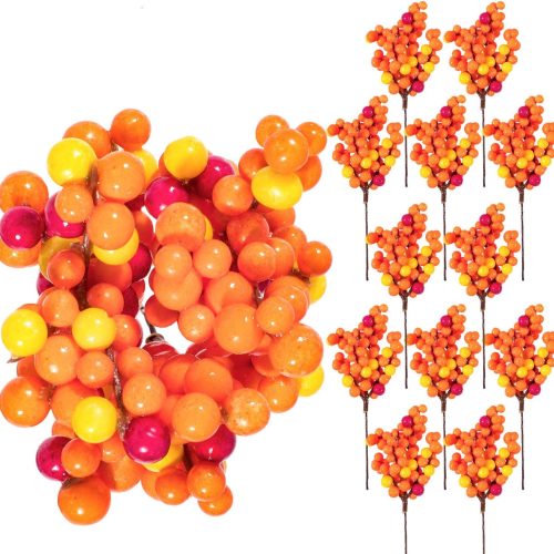 Whaline Artificial Berry Stems 12 Pack Fall Floral Picks and Sprays 5.9 Inch Autumn Orange Berry Twig Stem Branches for Autumn Thanksgiving Harvest Christmas Tree Wedding Holiday DIY Crafts Decoration
