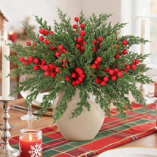 Betylifoy 60Pcs Christmas Artificial Pine Branches with Red Berry Stems, Fake Evergreen Norfolk Pine Stems Faux Greenery Cedar Sprigs Branches Xmas Pine Needles Picks for DIY Craft Garland Home Decor