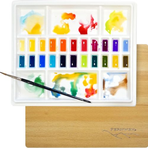 CT7AP27CT_1 Large Ceramic Watercolor Palette with Wooden Lid, 22-Well Porcelain