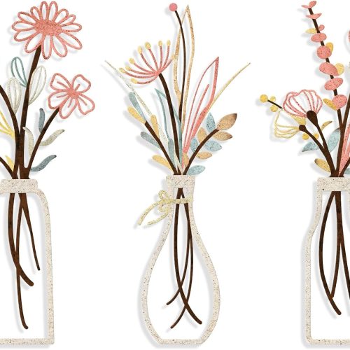 Pigort 3 Pieces Metal Flowers Wall Arts - Rustic Farmhouse Style Décor Metal Wall Art Black Minimalist Flower Natural Themed Wall Decors for Home Bedroom Dining Room Housewarming (Pink Beige)