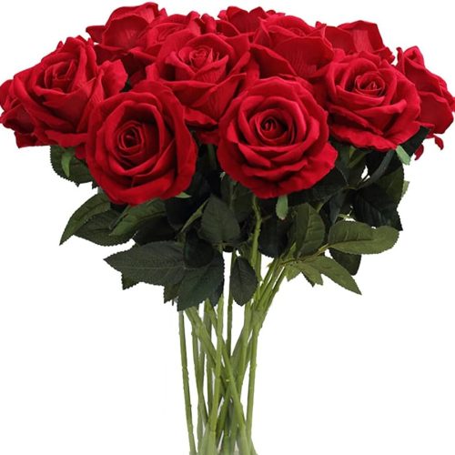 CT9S54CT_1 AMZALI Artificial Flowers, Real Looking Blush Fake Rose Long Stem Silk Artificial Rose Flowers Home Decor for Bridal Wedding Bouquet, Centerpieces Birthday Flowers Party Garden Floral Arrangement Red