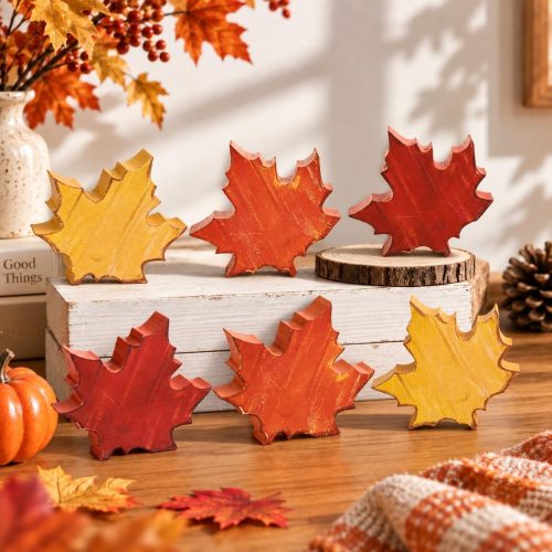 CT9fvzmphxbtvGT_1 FYSUIMU 12 Pcs Fall Thanksgiving Decoration Wooden Maple Leaf Table Signs Mini Retro Maple Leaf Table Centerpiece for Thanksgiving Autumn Harvest Party Tabletop Shelf Mantel Tiered Tray Decor