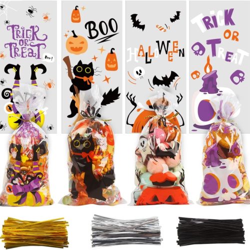 CCINEE Halloween Cellophane Treat Bags, 200pcs Clear Cello Candy Bags with Twsit for Halloween Trick or Treat Party Supply