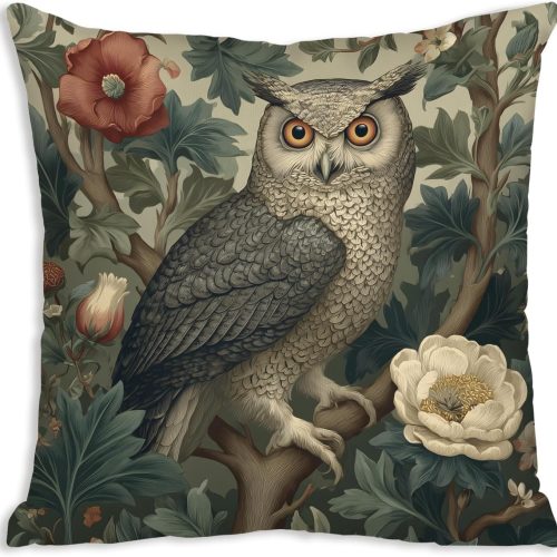 William Morris Inspired Design Floral Pillow Covers, Vintage Floral Owl Print Throw Pillow Covers Home Decor, Retro Pillowcase Cushion Cover for Bed Sofa Living Room (Gray Owl, 18x18 Inch)