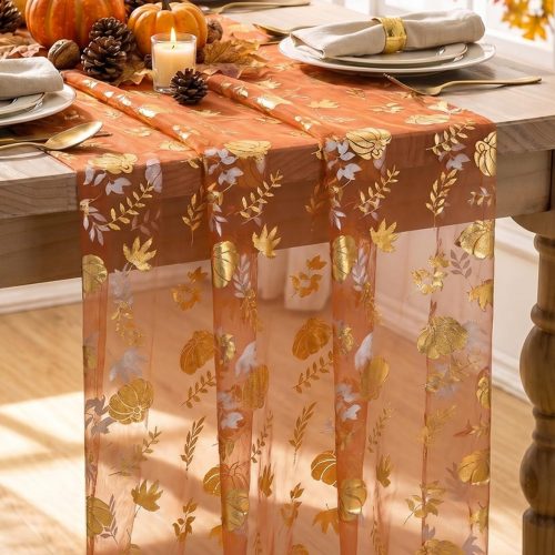 Artoid Mode Fall Gauze Table Runner 120 Inch, Metallic Foil Leaves
