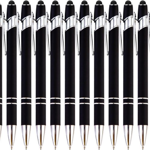 PASISIBICK 12-Piece Black Ballpoint Pen with Stylus Tip, 2 in 1 Stylish Metal Touch Screen Pen - Black Ink, 1.0 mm Medium Point - 5.5 x 0.4 inch / 14 x 1 cm