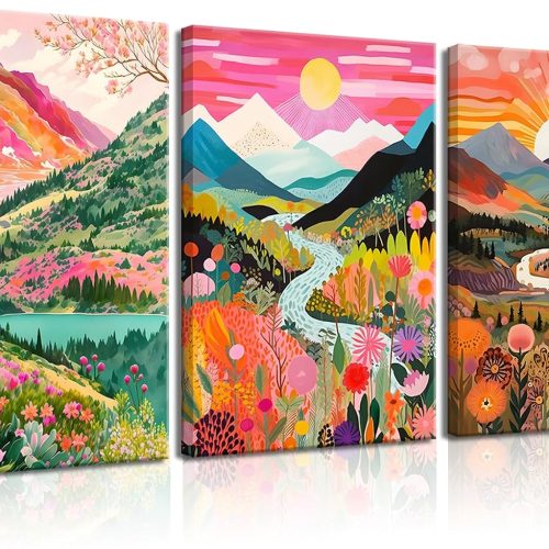 3Pcs Boho Colorful Canvas Wall Art, Abstract Watercolor Mountain Wall Decor