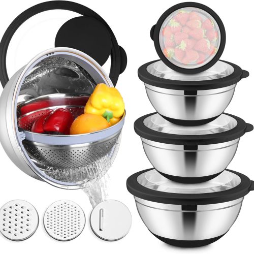 E-far Stainless Steel Mixing Bowls with Lids & Colander, 15PCS