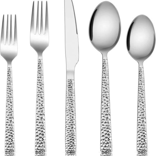 E-far 10-Piece Hammered Silverware Set, Stainless Steel Square Flatware Set Service for 2, Tableware Cutlery Set Includes Forks Spoons Knives, Modern Design & Mirror Polished - Dishwasher Safe