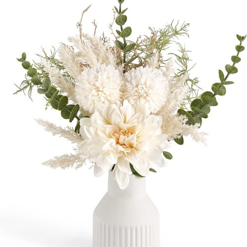 Mkono Fake Flowers in Ceramic Vase, 12.5" Coffee Table Centerpieces, White