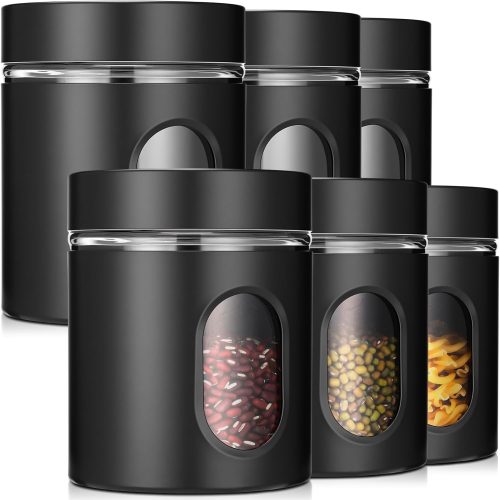 Patelai 6 Pack Airtight Stainless Steel Kitchen Canisters, Black, 20 oz
