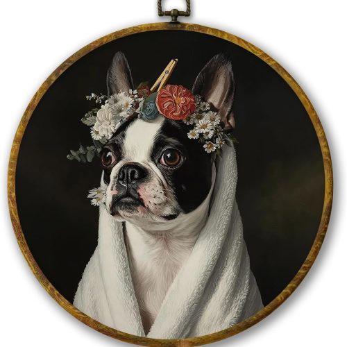 Vintage Floral Boston Terrier Bathroom Wall Art Decor, Boston Terrier Gifts Framed Canvas Prints 10x10, Funny Floral Dog Round Wall Hanging Artwork Decorations for Bathroom Washroom Restroom