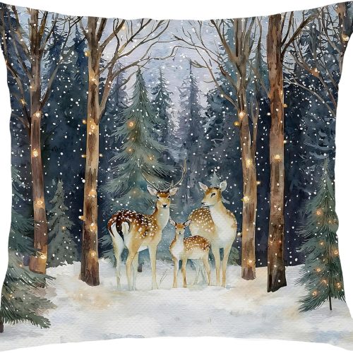 Christmas Reindeer Forest Pillow Covers 18x18, Christmas Winter Decor, Rustic Xmas Deer Holiday Decorative Throw Pillow Cover for Home Living Room Bedroom Decor
