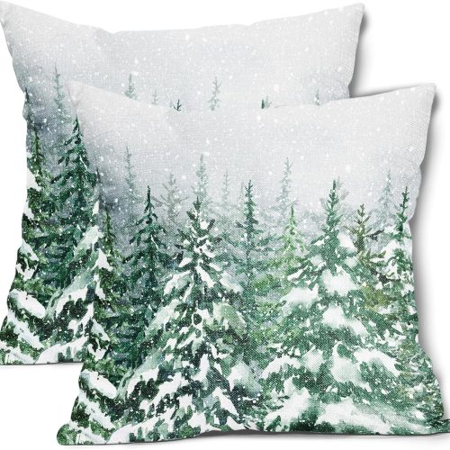 Kawani Green Pine Tree Pillow Covers 18X18 Inch Winter Forest Snowflake Decorative Pillow Cases Set of 2 Christmas Holiday Throw Pillows for Cushion Sofa Couch Outdoor