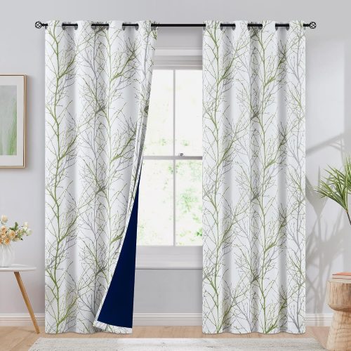 FMFUNCTEX 100% Blackout Sage Green Tree Branch Curtains 84 Inch 2 Panels