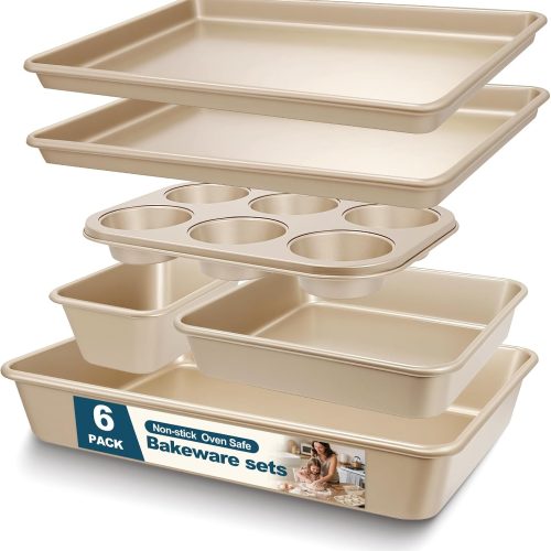 Baking Pans Set, Nonstick Stackable Bakeware Sets, Oven Pans for Cooking, AIVIKI 6 Pieces Baking Sheets Set Including Cookie Sheet, Deep Roaster Pan, Square Pan, Loaf Pan, Muffin Pan, Carbon Steel