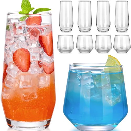 ZMOWIPDL Drinking Glasses Set of 8,Clear 13 oz & 18oz Crystal Glass Cups,Drinkware Glassware,Highball Water Tumbler,Short Stemless Wine Glasses，for Beer,Cocktail,Whiskey,Juice and Various Mixed Drinks