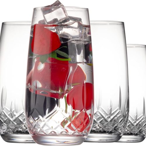 SHOSHIN Hand-Cut Highball Glasses – 17 oz Set of 4, Premium Lead-Free Crystal Drinking Glasses with Classic Pattern, Perfect for Water and Collins Cocktails, Dishwasher Safe