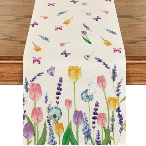 CTDH122CT_1 Artoid Mode Lavender Tulip Spring Table Runner, Summer Seasonal Anniversary Holiday Kitchen Dining Table Decoration for Indoor Outdoor Home Party Decor 13 x 72 Inch