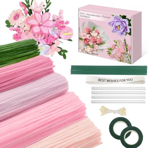 500 Pcs Pipe Cleaners Flower Kit,5 Colors Chenille Stems with Guide&Tools